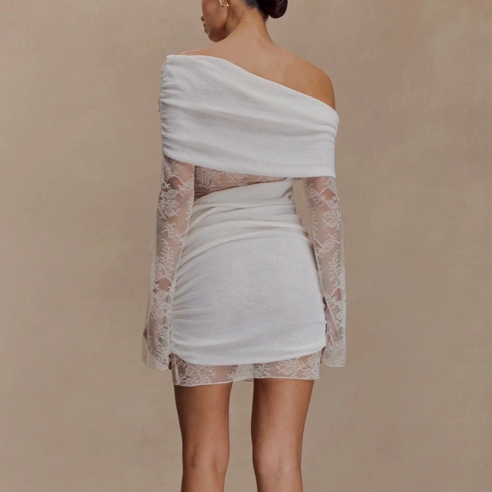 MESHKI - white lace off shoulder cutout side asymmetrical mini dress - Picture 2 of 3